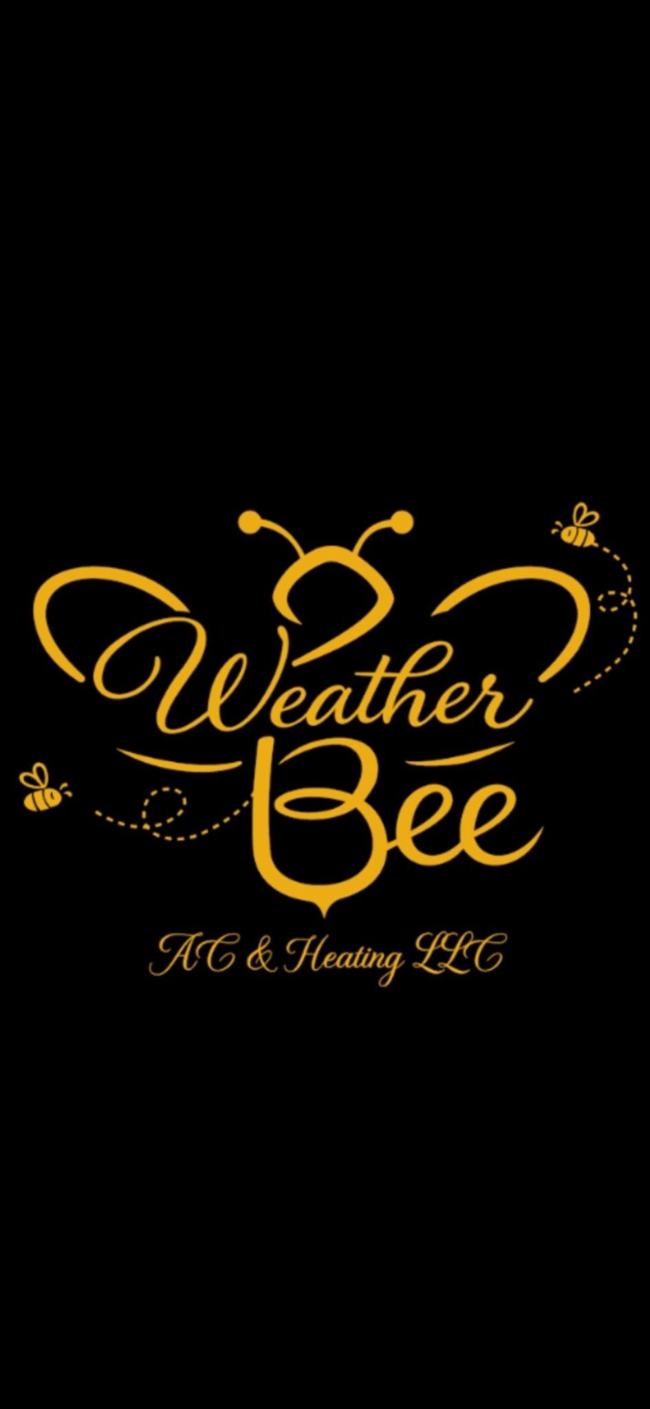 Weather Bee AC & Heating LLC logo featuring golden bee design with wings and antenna on black background