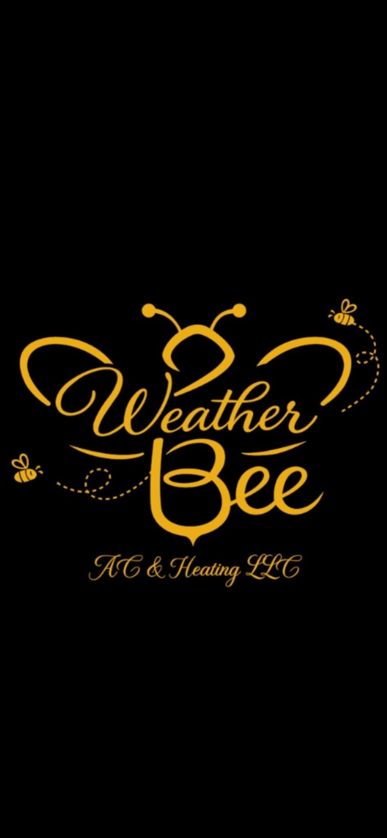 Weather Bee AC & Heating LLC logo featuring golden bee design with wings and antenna on black background