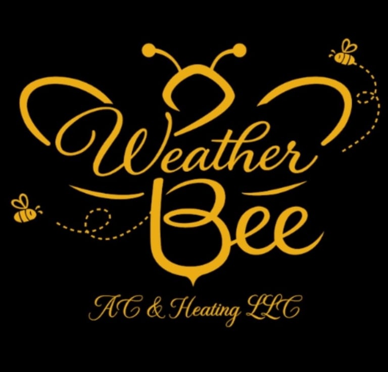 Weather Bee AC and Heating LLC logo featuring golden bee design with wings on black background