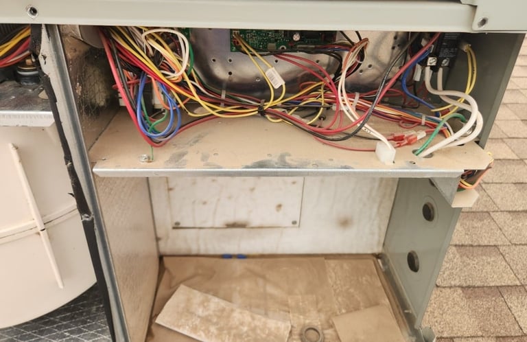 Open electrical cabinet showing tangled colored wires and circuit components inside a metal enclosure